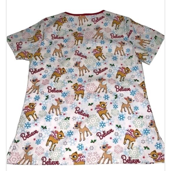 Rudolph The Red-Nosed Reindeer Womens XS V-Neck Holiday Scrub Top Snowflake & Be - Picture 5 of 6